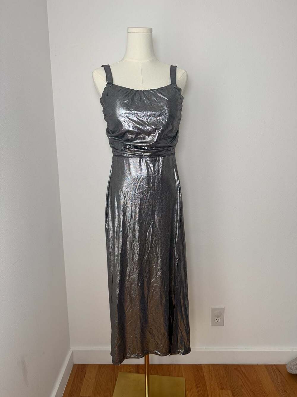 Halara Midi Dress Size L Shiny Black Silver Metallic Cowl Neck Slit